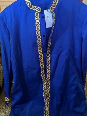 Royal Blue Embroidered Long Tunic with Gold Trim